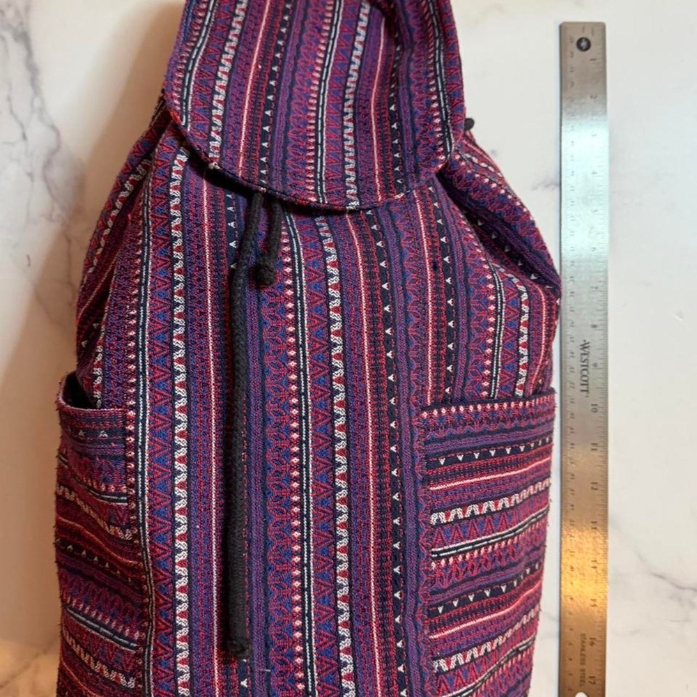 Made by Jennifer Woven Boho Drawstring Backpack Red Blue Tribal Bucket Bag